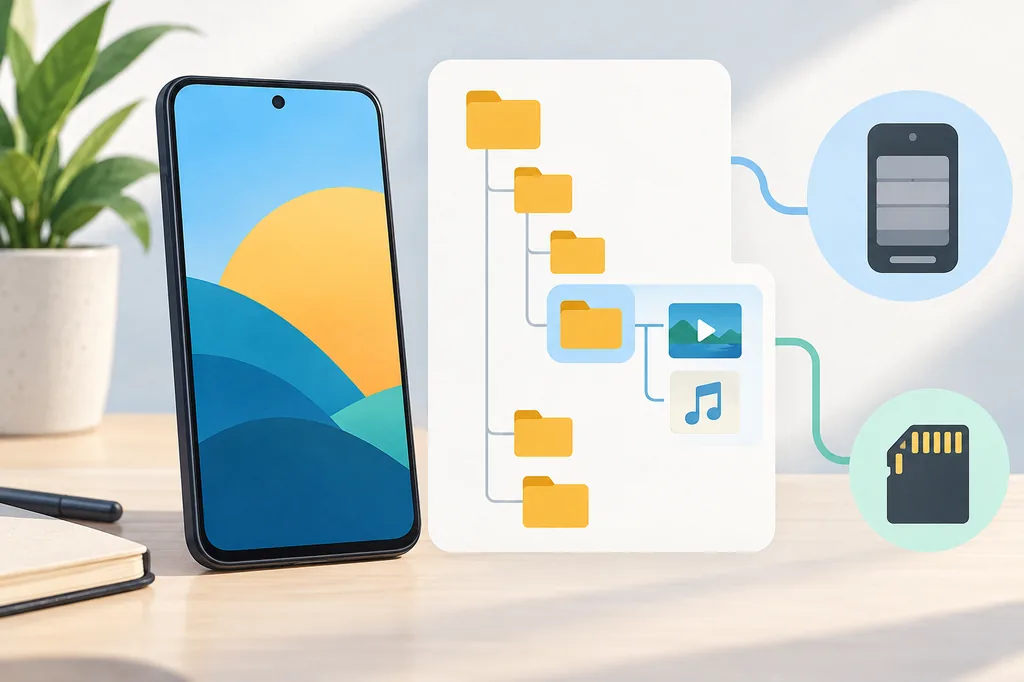 Redaktionelle Illustration eines Android-Telefons mit Medienordnern, internem Speicher und SD-Karte
