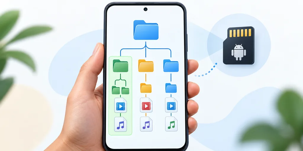 Redaktionelle Karte von Android-Ordnern mit Video- und Audiodateien sowie SD-Karte