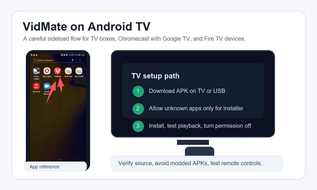 Flujo de instalación de VidMate para Android TV, TV Box y Firestick