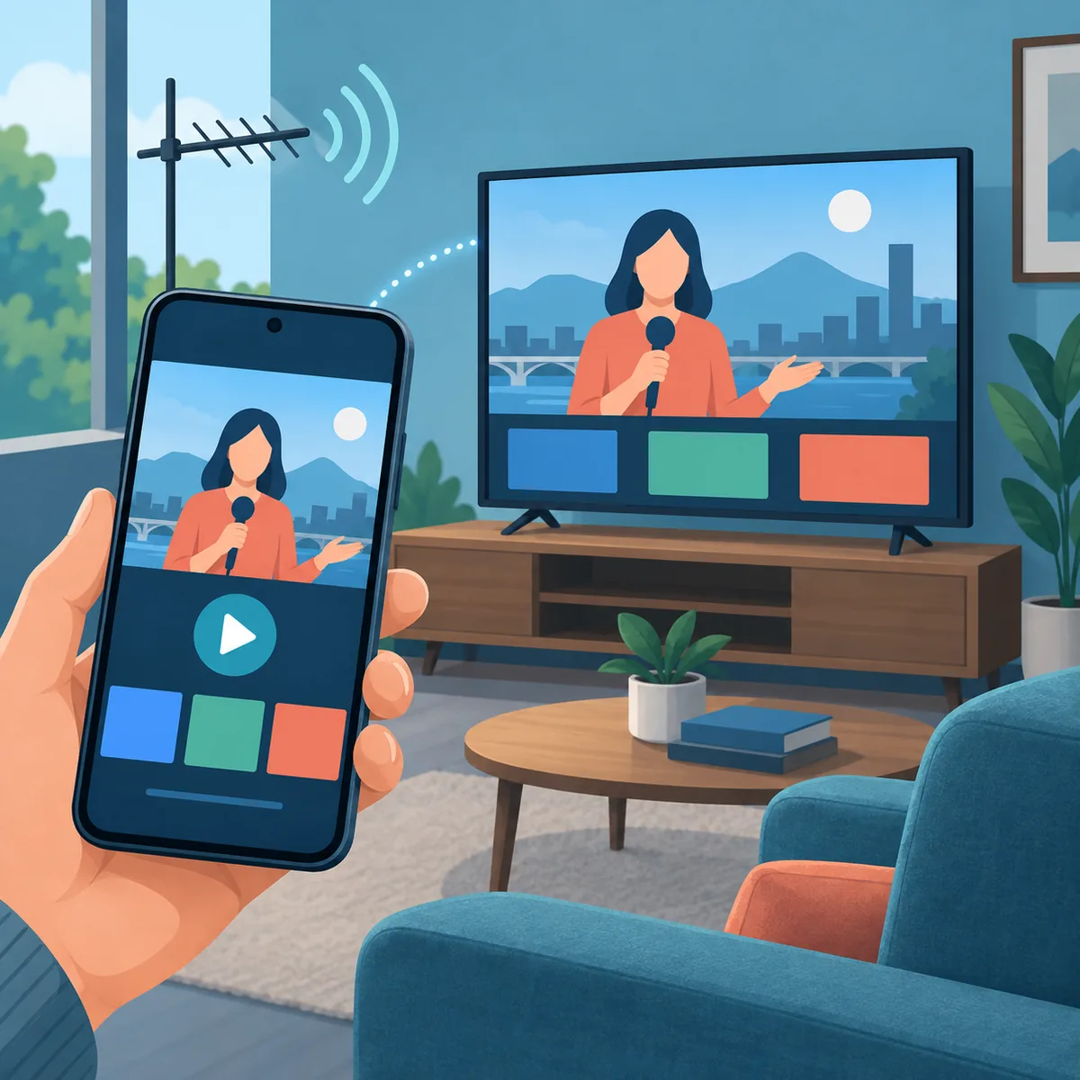 Android 휴대전화와 TV에서 라이브 스트리밍을 보는 모습을 표현한 편집 일러스트
