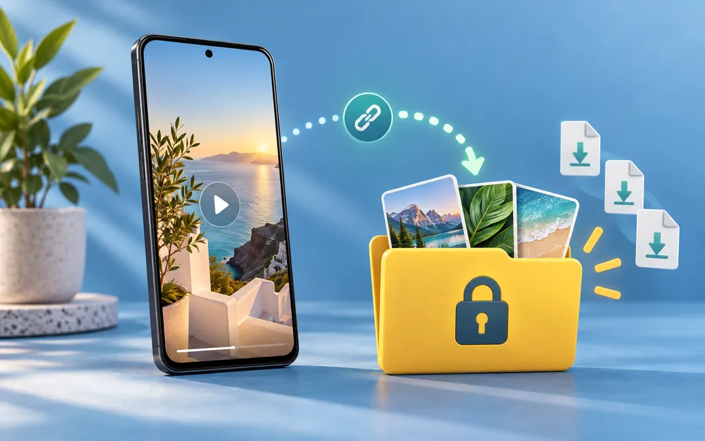 Illustrazione editoriale di un telefono Android, un link pubblico e una cartella verificata