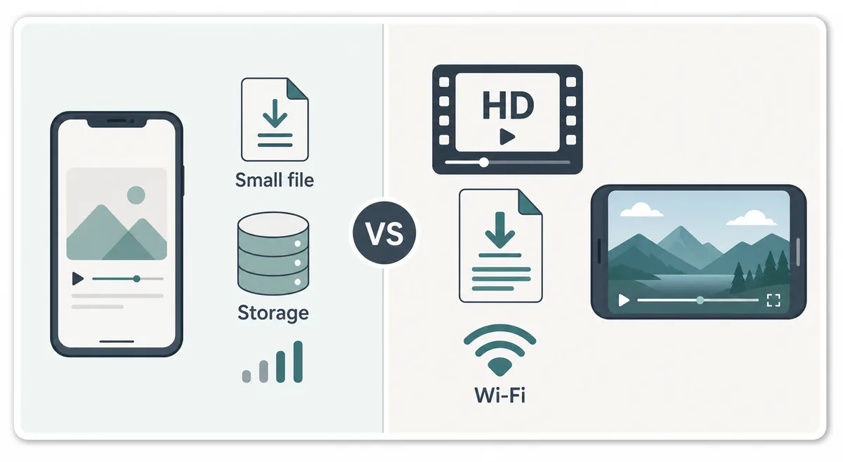 Confronto editoriale tra file piccolo e qualita HD per YouTube in VidMate